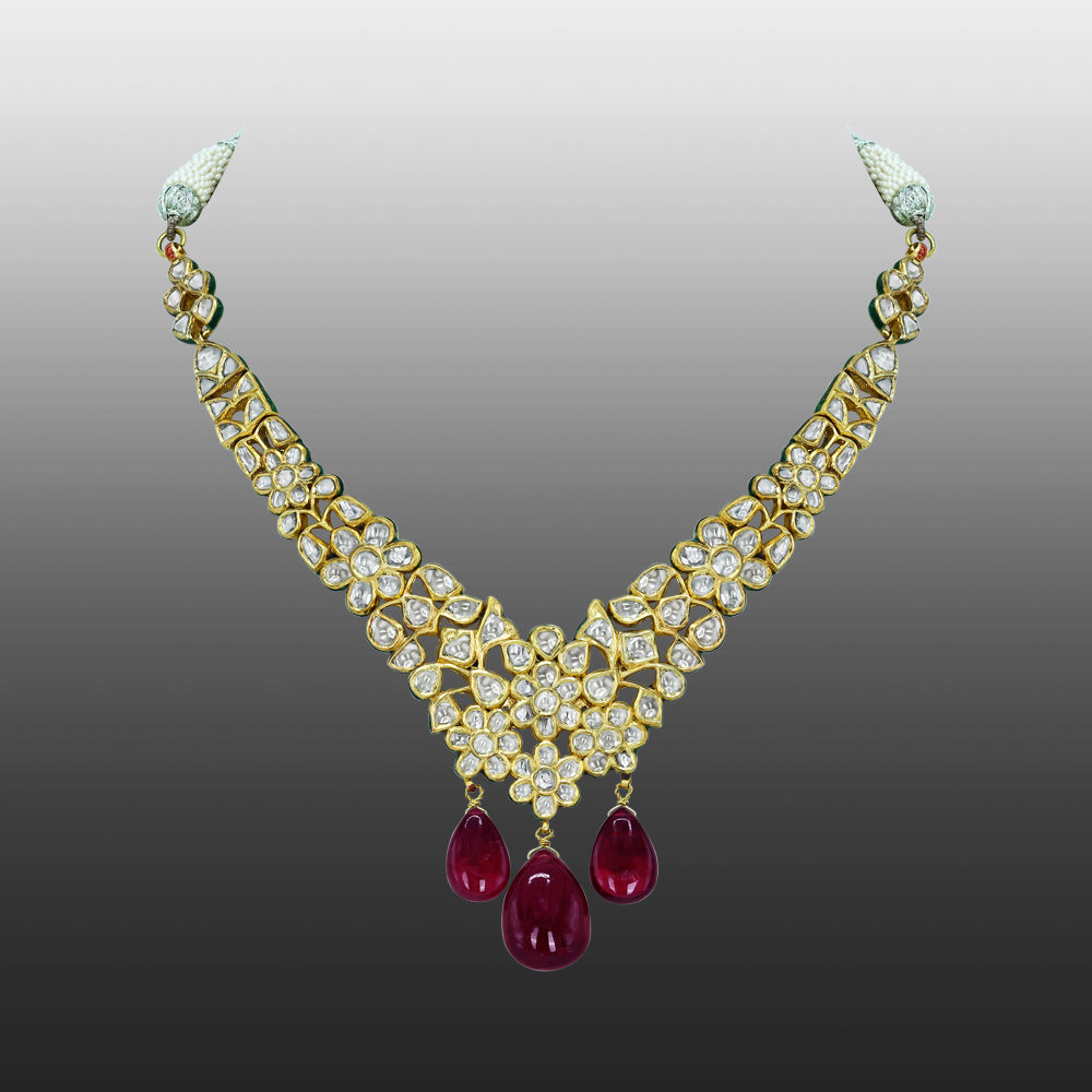 Polki Necklace with Cascading Rubylite Drops